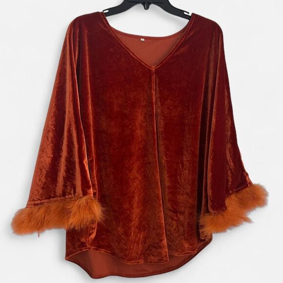 Red-Orange Velour Feather Trim V-Neck Top Medium Y2K - Picture 3 of 4